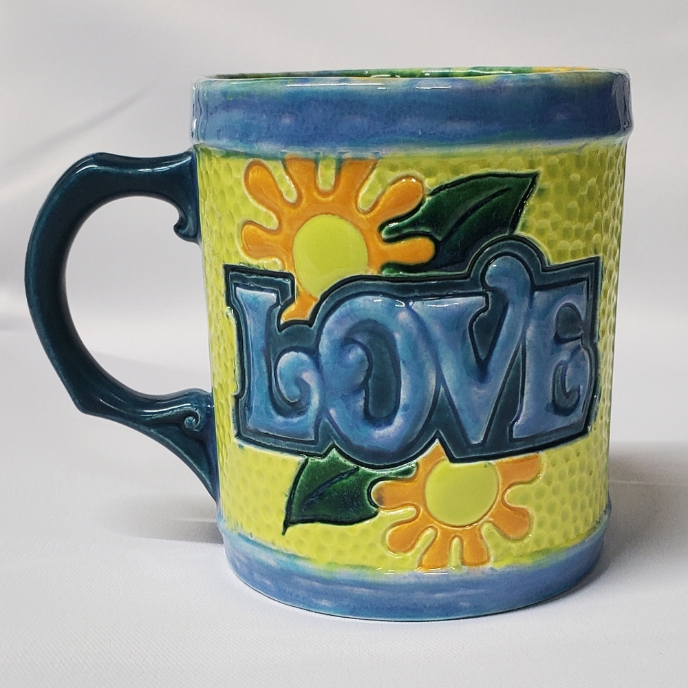 VTG Hand Painted Ceramic Love Mug Flower Power Orange Blue Green Signed SM 1970